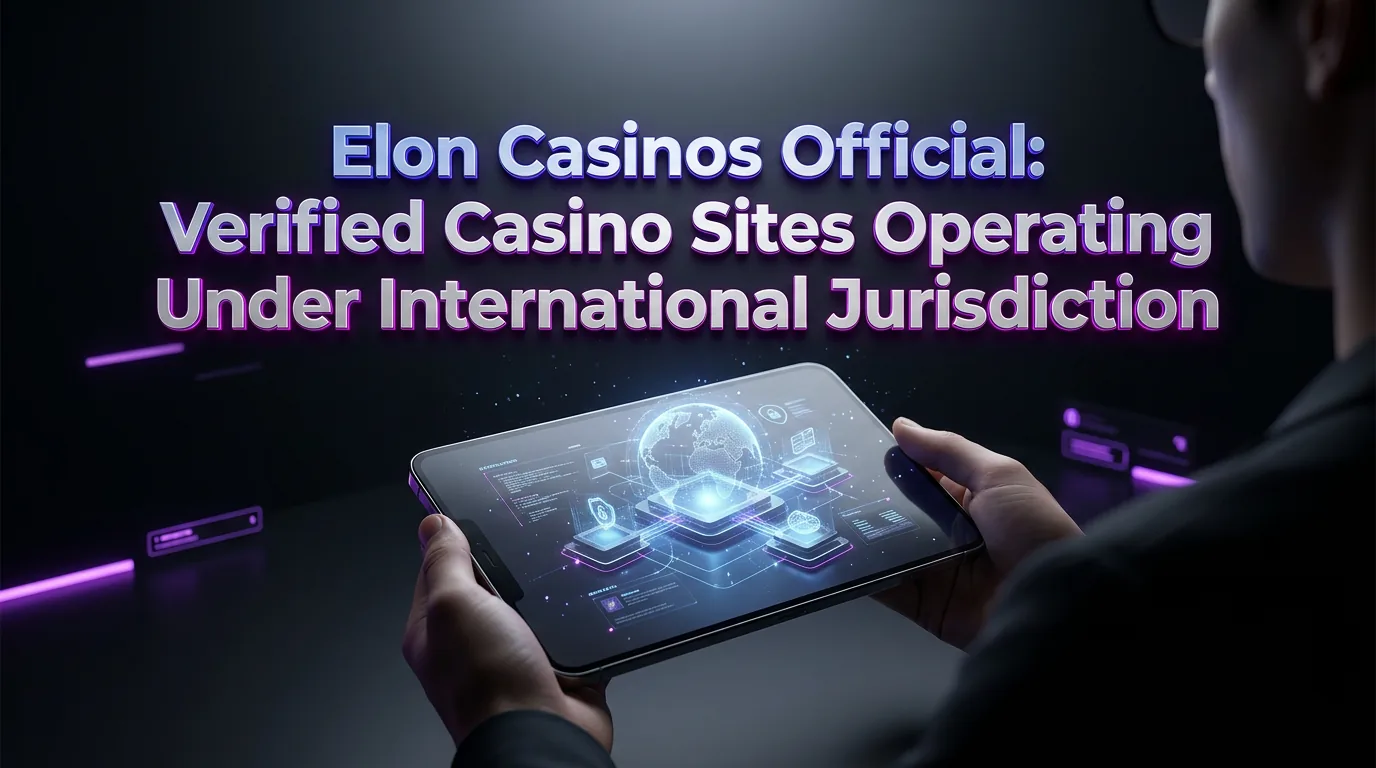 Elon Casinos Official main banner, displaying a sleek smartphone with holographic global network interface, featuring brand t